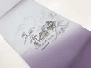 塩瀬手描き草木に古民家・小舟模様名古屋帯